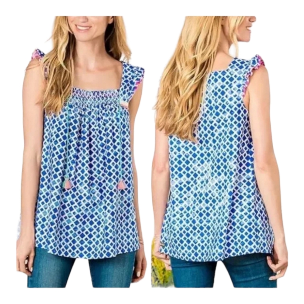 Matilda Jane Blue White Geometric Tassel Pom Pom Ruffle Sleeveless‎ Top Medium